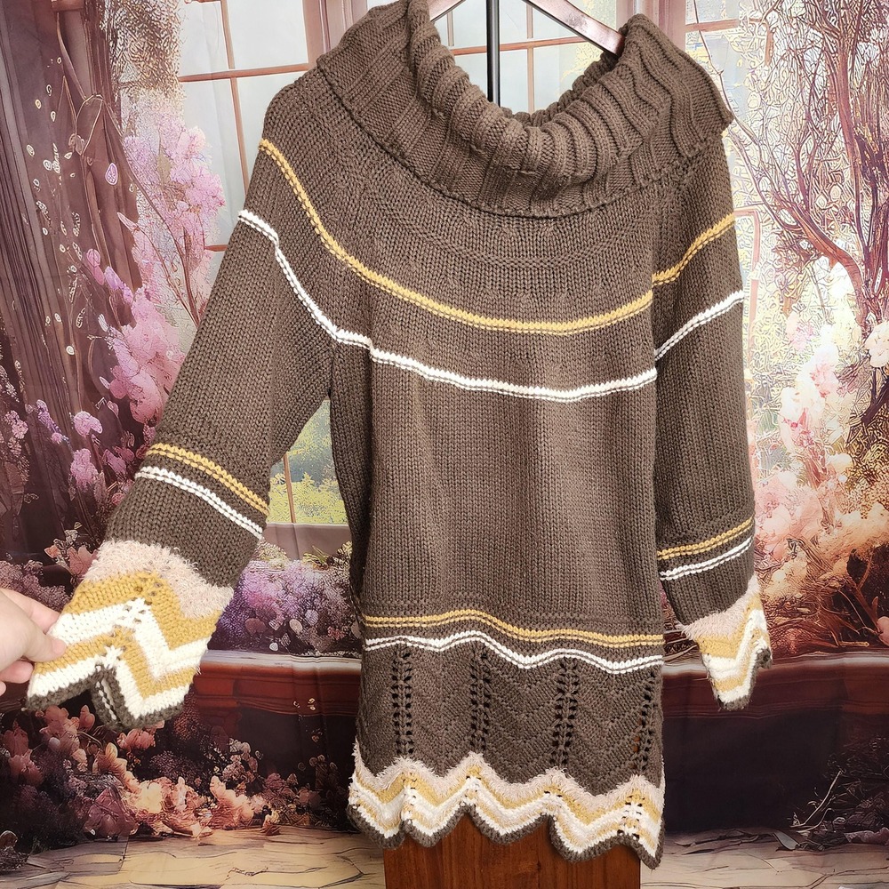 18/20 | Brown Vintage Cowl Neck Pullover Sweater, Crochet Chevron Trim